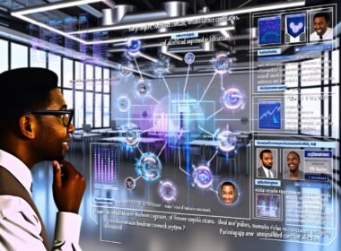 Futuristischer Arbeitsplatz mit digitalen Bildschirmen, Datenanalysen und KI-gestütztem Content-Matching in einer modernen Marketingumgebung