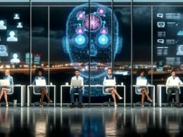 Eine kleine Gruppe von Menschen in Business Casual sitzt abends in einem futuristischen Büro und blickt besorgt auf durchdringende KI-Symbole und Datenströme vor den Fenstern.