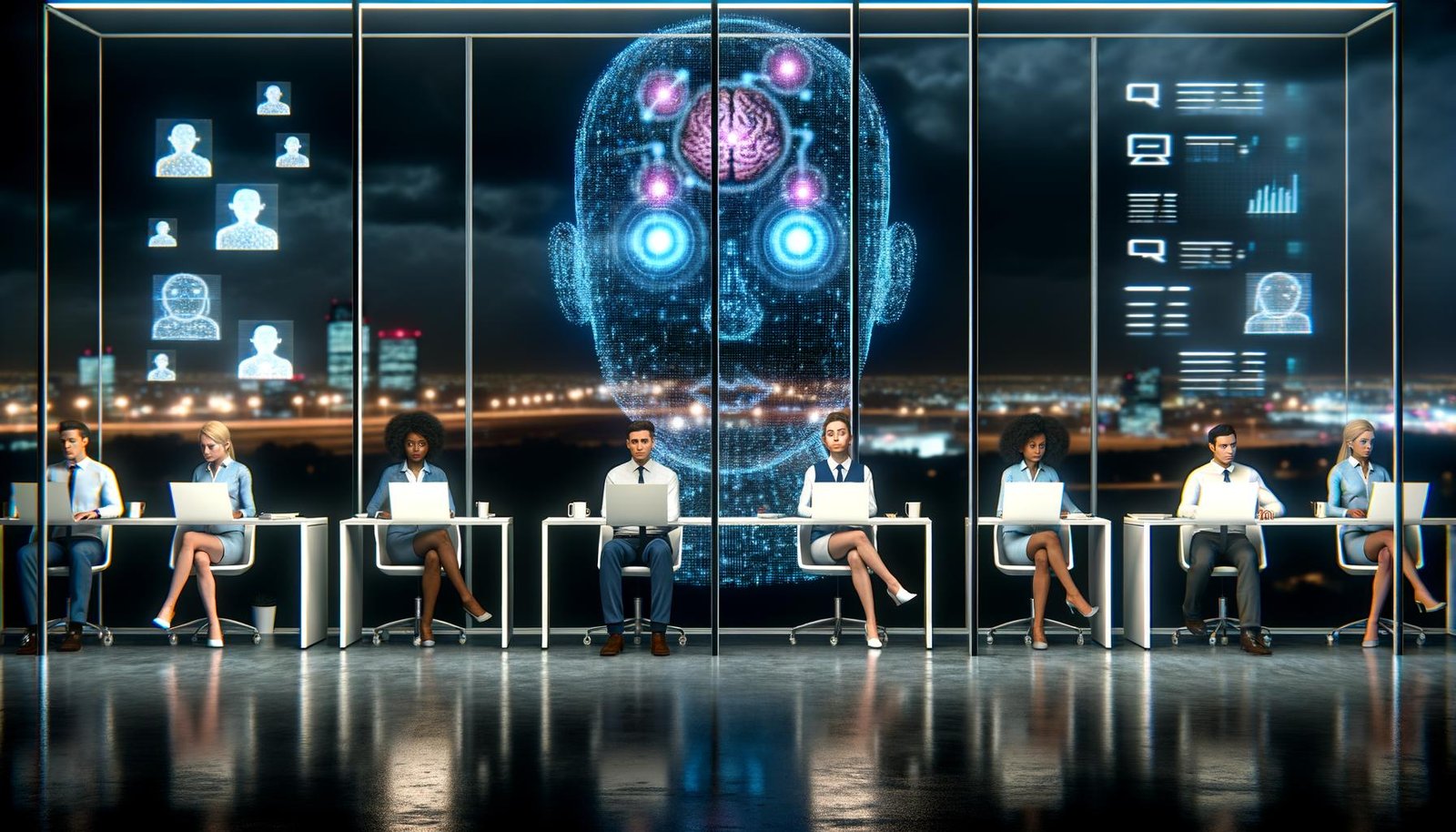 Eine kleine Gruppe von Menschen in Business Casual sitzt abends in einem futuristischen Büro und blickt besorgt auf durchdringende KI-Symbole und Datenströme vor den Fenstern.