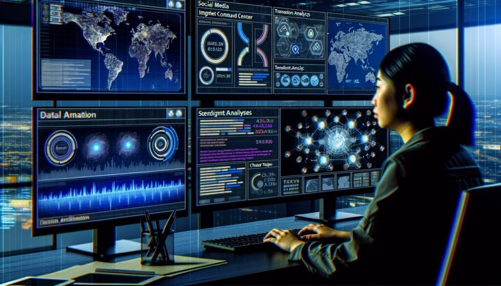 Analyst in einem abgedunkelten Command Center mit mehreren Monitoren, die Echtzeitdaten, Social-Media-Feeds, Karten, Dashboards und KI-Analysen anzeigen.