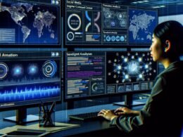 Analyst in einem abgedunkelten Command Center mit mehreren Monitoren, die Echtzeitdaten, Social-Media-Feeds, Karten, Dashboards und KI-Analysen anzeigen.