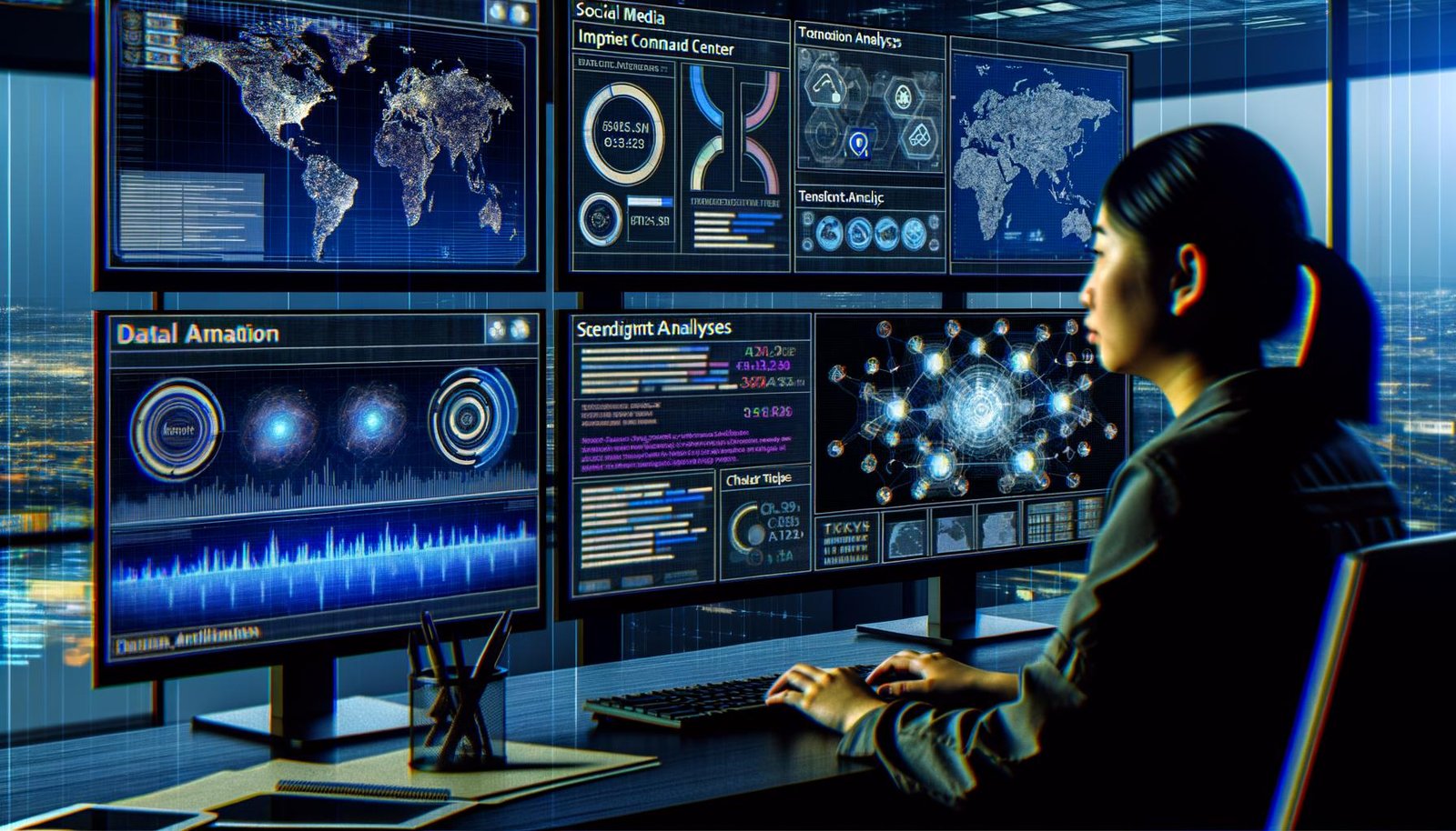 Analyst in einem abgedunkelten Command Center mit mehreren Monitoren, die Echtzeitdaten, Social-Media-Feeds, Karten, Dashboards und KI-Analysen anzeigen.