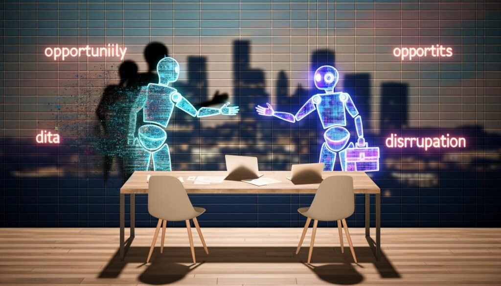 Ein moderner Büroraum mit digitaler Skyline, Mensch und KI-Hologramm-Figur reichen sich am Schreibtisch die Hand. Begriffe wie Chancenanalyse und Disruption leuchten an der Wand.