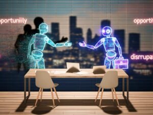 Ein moderner Büroraum mit digitaler Skyline, Mensch und KI-Hologramm-Figur reichen sich am Schreibtisch die Hand. Begriffe wie Chancenanalyse und Disruption leuchten an der Wand.