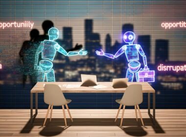 Ein moderner Büroraum mit digitaler Skyline, Mensch und KI-Hologramm-Figur reichen sich am Schreibtisch die Hand. Begriffe wie Chancenanalyse und Disruption leuchten an der Wand.