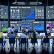 Ein moderner, digitaler Marketing-Command-Center mit Monitoren, KPI-Dashboards, großen Bildschirmen mit Echtzeitdaten, Datenschutz-Symbolen und Marketern bei der Analyse.