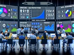 Ein moderner, digitaler Marketing-Command-Center mit Monitoren, KPI-Dashboards, großen Bildschirmen mit Echtzeitdaten, Datenschutz-Symbolen und Marketern bei der Analyse.