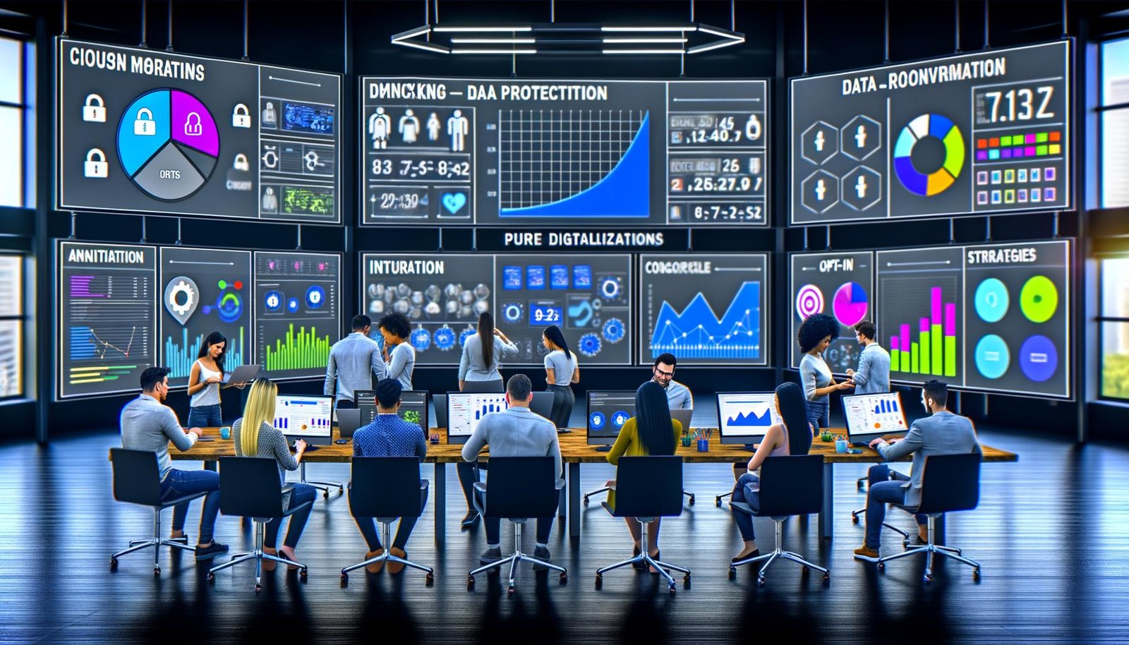 Ein moderner, digitaler Marketing-Command-Center mit Monitoren, KPI-Dashboards, großen Bildschirmen mit Echtzeitdaten, Datenschutz-Symbolen und Marketern bei der Analyse.