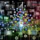 Stilisiertes, futuristisches Schlachtfeld mit schwebenden Content-Karten, Livestreams, Algorithmen, diversen Social-Media-Plattform-Logos und Marken, die Social Content dynamisch optimieren.