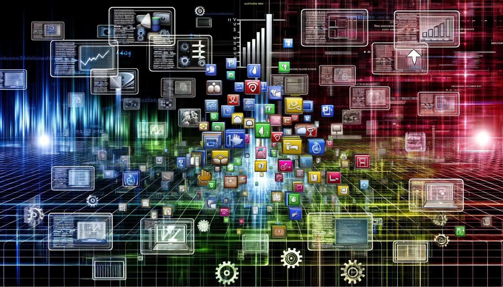 Stilisiertes, futuristisches Schlachtfeld mit schwebenden Content-Karten, Livestreams, Algorithmen, diversen Social-Media-Plattform-Logos und Marken, die Social Content dynamisch optimieren.