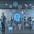 Szenenbild eines modernen Großraumbüros mit Mitarbeitenden an Laptops und stilisierten KI-Silhouetten, die Datenströme und Automatisierungsprozesse visualisieren. Zwischen den Schreibtischen sind Icons für Automatisierung, neuronale Netzwerke, Kreativität und API-Stecker zu sehen.