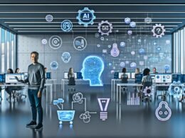 Szenenbild eines modernen Großraumbüros mit Mitarbeitenden an Laptops und stilisierten KI-Silhouetten, die Datenströme und Automatisierungsprozesse visualisieren. Zwischen den Schreibtischen sind Icons für Automatisierung, neuronale Netzwerke, Kreativität und API-Stecker zu sehen.
