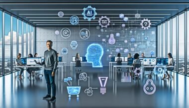 Szenenbild eines modernen Großraumbüros mit Mitarbeitenden an Laptops und stilisierten KI-Silhouetten, die Datenströme und Automatisierungsprozesse visualisieren. Zwischen den Schreibtischen sind Icons für Automatisierung, neuronale Netzwerke, Kreativität und API-Stecker zu sehen.