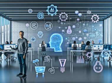 Szenenbild eines modernen Großraumbüros mit Mitarbeitenden an Laptops und stilisierten KI-Silhouetten, die Datenströme und Automatisierungsprozesse visualisieren. Zwischen den Schreibtischen sind Icons für Automatisierung, neuronale Netzwerke, Kreativität und API-Stecker zu sehen.