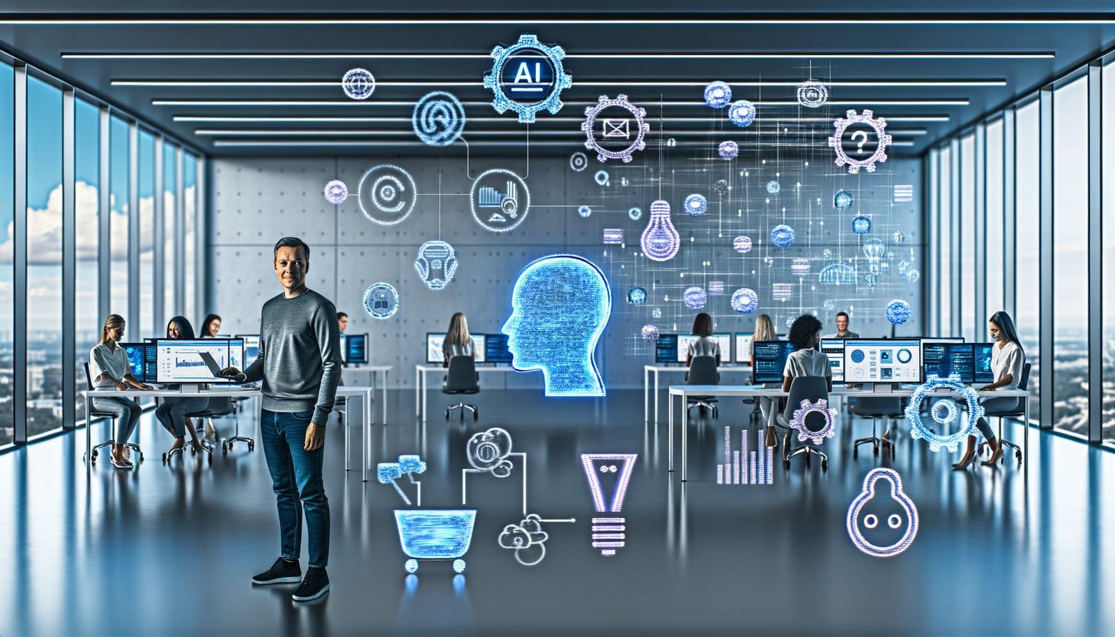 Szenenbild eines modernen Großraumbüros mit Mitarbeitenden an Laptops und stilisierten KI-Silhouetten, die Datenströme und Automatisierungsprozesse visualisieren. Zwischen den Schreibtischen sind Icons für Automatisierung, neuronale Netzwerke, Kreativität und API-Stecker zu sehen.