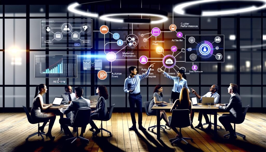 Dynamisches Marketing-Team im modernen Büro diskutiert Daten auf großen Bildschirmen mit Echtzeit-Dashboards, umgeben von Laptops, Tablets und verbundenen Datenquellen.