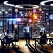 Dynamisches Marketing-Team im modernen Büro diskutiert Daten auf großen Bildschirmen mit Echtzeit-Dashboards, umgeben von Laptops, Tablets und verbundenen Datenquellen.