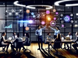 Dynamisches Marketing-Team im modernen Büro diskutiert Daten auf großen Bildschirmen mit Echtzeit-Dashboards, umgeben von Laptops, Tablets und verbundenen Datenquellen.