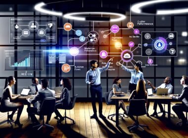 Dynamisches Marketing-Team im modernen Büro diskutiert Daten auf großen Bildschirmen mit Echtzeit-Dashboards, umgeben von Laptops, Tablets und verbundenen Datenquellen.