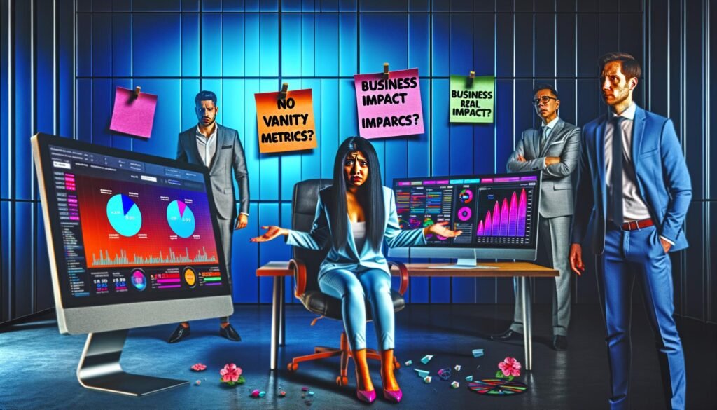 Gestresster Social Media Manager vor Monitoren mit Social-Media-Dashboards, während Chefs echte Ergebnisse statt Kennzahlen fordern
