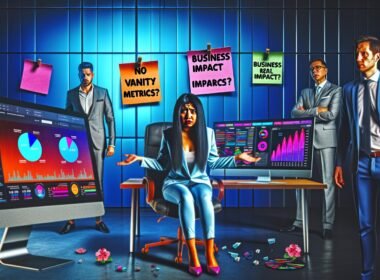 Gestresster Social Media Manager vor Monitoren mit Social-Media-Dashboards, während Chefs echte Ergebnisse statt Kennzahlen fordern
