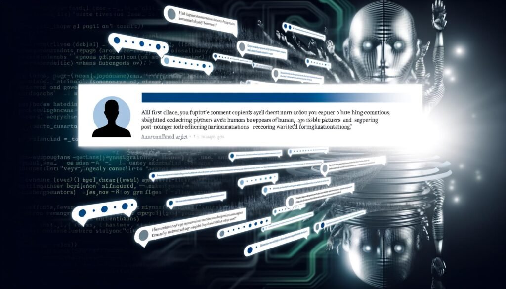 Futuristischer Kommentarbereich mit scheinbar menschlichen, aber automatisierten Beiträgen, leicht variierte Profilbilder und digitale Silhouetten im Hintergrund.