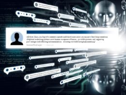Futuristischer Kommentarbereich mit scheinbar menschlichen, aber automatisierten Beiträgen, leicht variierte Profilbilder und digitale Silhouetten im Hintergrund.