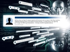Futuristischer Kommentarbereich mit scheinbar menschlichen, aber automatisierten Beiträgen, leicht variierte Profilbilder und digitale Silhouetten im Hintergrund.