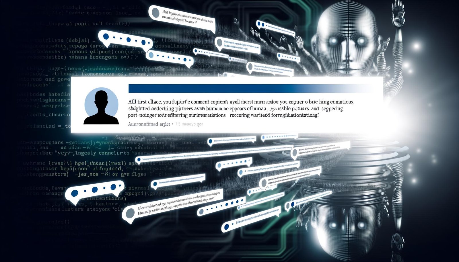 Futuristischer Kommentarbereich mit scheinbar menschlichen, aber automatisierten Beiträgen, leicht variierte Profilbilder und digitale Silhouetten im Hintergrund.