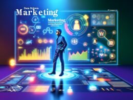 Stilisierte Marketing-Managerin vor einem großen, beleuchteten Dashboard mit bunten Diagrammen, Datenströmen und digitalen Symbolen für Data Driven Marketing.