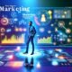 Stilisierte Marketing-Managerin vor einem großen, beleuchteten Dashboard mit bunten Diagrammen, Datenströmen und digitalen Symbolen für Data Driven Marketing.