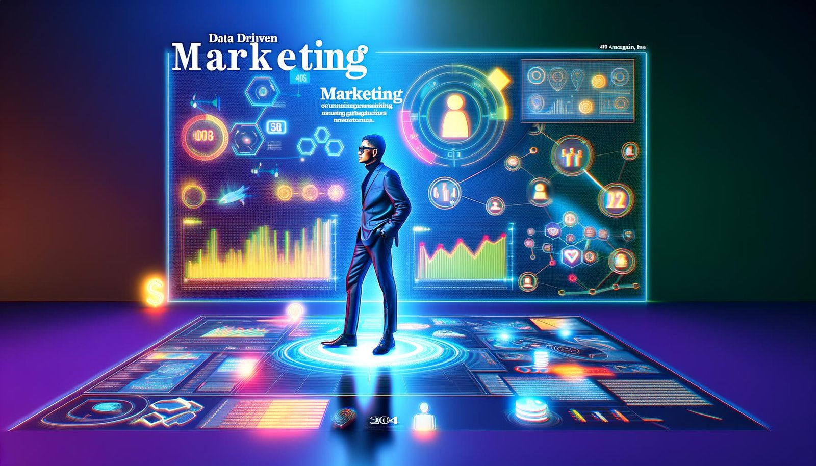 Stilisierte Marketing-Managerin vor einem großen, beleuchteten Dashboard mit bunten Diagrammen, Datenströmen und digitalen Symbolen für Data Driven Marketing.