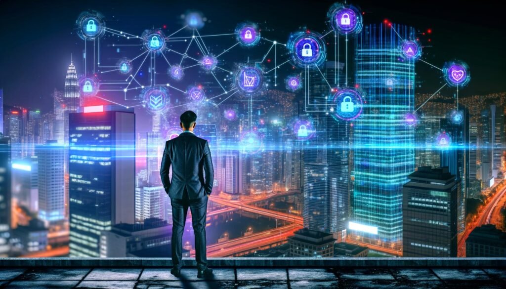 Futuristische Stadt bei Nacht mit leuchtenden Datenströmen, Hochhäusern und einer Person im Business-Outfit vor einem digitalen Bildschirm.