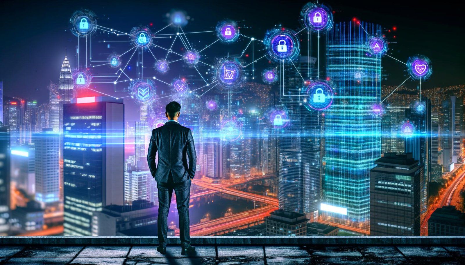 Futuristische Stadt bei Nacht mit leuchtenden Datenströmen, Hochhäusern und einer Person im Business-Outfit vor einem digitalen Bildschirm.