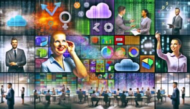 Dynamische Collage mit Geschäftsmenschen im Büro, umgeben von 3D-Datenströmen, Dashboards und Cloud-Symbolen, Motto 'Data Literacy – Schlüssel für smarte Entscheidungen', im Vordergrund moderne BI-Tools, im Hintergrund ein verstaubtes Excel-Sheet.