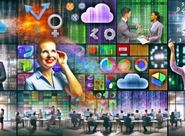 Dynamische Collage mit Geschäftsmenschen im Büro, umgeben von 3D-Datenströmen, Dashboards und Cloud-Symbolen, Motto 'Data Literacy – Schlüssel für smarte Entscheidungen', im Vordergrund moderne BI-Tools, im Hintergrund ein verstaubtes Excel-Sheet.