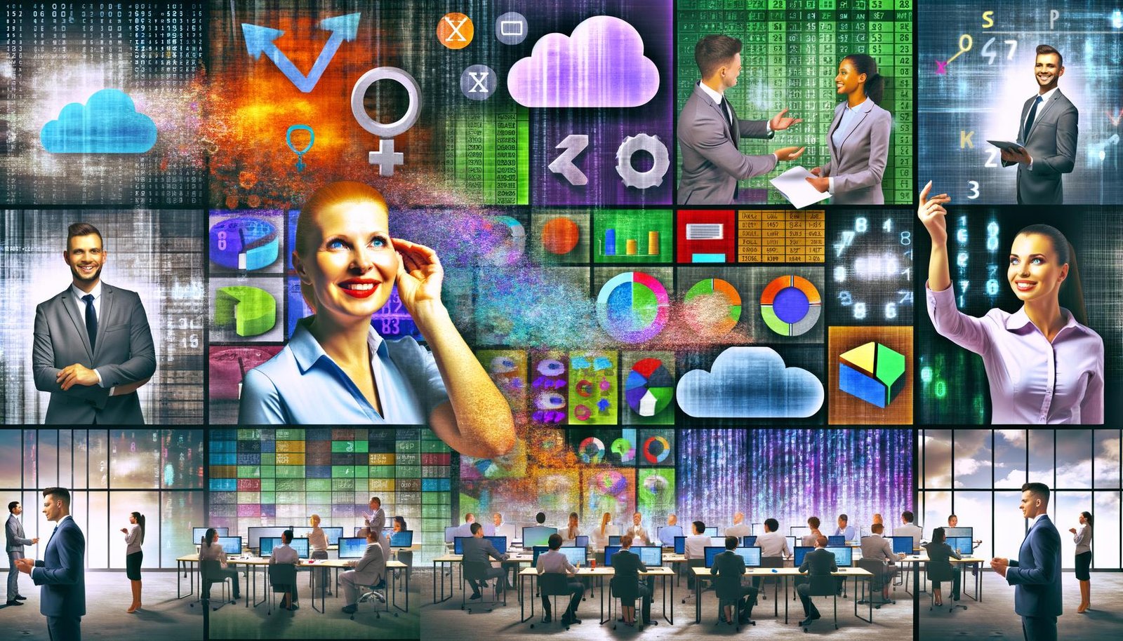Dynamische Collage mit Geschäftsmenschen im Büro, umgeben von 3D-Datenströmen, Dashboards und Cloud-Symbolen, Motto 'Data Literacy – Schlüssel für smarte Entscheidungen', im Vordergrund moderne BI-Tools, im Hintergrund ein verstaubtes Excel-Sheet.