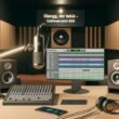 Modernes Tonstudio-Setup mit Mikrofon, Audio-Interface, Studiokopfhörern, Computer mit Audiowellenform und Clubhouse-App, eingerahmt von Akustikpaneelen und atmosphärischem Licht.