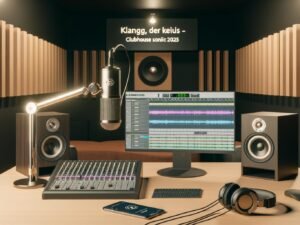 Modernes Tonstudio-Setup mit Mikrofon, Audio-Interface, Studiokopfhörern, Computer mit Audiowellenform und Clubhouse-App, eingerahmt von Akustikpaneelen und atmosphärischem Licht.
