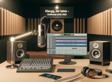 Modernes Tonstudio-Setup mit Mikrofon, Audio-Interface, Studiokopfhörern, Computer mit Audiowellenform und Clubhouse-App, eingerahmt von Akustikpaneelen und atmosphärischem Licht.