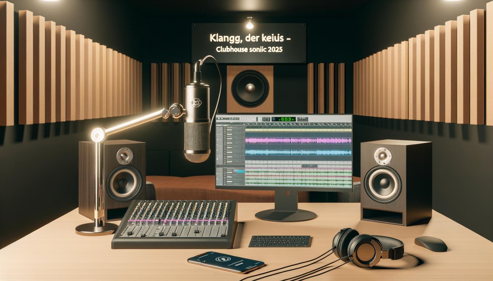 Modernes Tonstudio-Setup mit Mikrofon, Audio-Interface, Studiokopfhörern, Computer mit Audiowellenform und Clubhouse-App, eingerahmt von Akustikpaneelen und atmosphärischem Licht.
