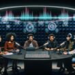 Podcaster:innen mit hochwertigen Kopfhörern an einem runden Tisch, umgeben von Mikrofonen, Laptops und holographischen Audioeffekten in einem futuristischen Studio mit moderner Technologie und weicher Beleuchtung.