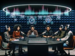 Podcaster:innen mit hochwertigen Kopfhörern an einem runden Tisch, umgeben von Mikrofonen, Laptops und holographischen Audioeffekten in einem futuristischen Studio mit moderner Technologie und weicher Beleuchtung.