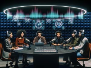 Podcaster:innen mit hochwertigen Kopfhörern an einem runden Tisch, umgeben von Mikrofonen, Laptops und holographischen Audioeffekten in einem futuristischen Studio mit moderner Technologie und weicher Beleuchtung.