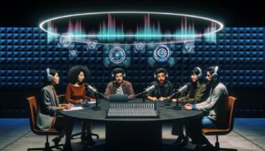 Podcaster:innen mit hochwertigen Kopfhörern an einem runden Tisch, umgeben von Mikrofonen, Laptops und holographischen Audioeffekten in einem futuristischen Studio mit moderner Technologie und weicher Beleuchtung.