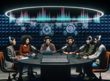 Podcaster:innen mit hochwertigen Kopfhörern an einem runden Tisch, umgeben von Mikrofonen, Laptops und holographischen Audioeffekten in einem futuristischen Studio mit moderner Technologie und weicher Beleuchtung.