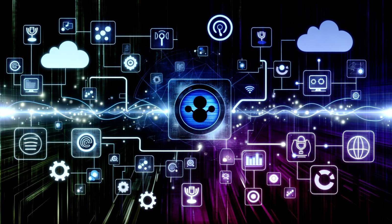 Futuristische Illustration eines Workflows mit Clubhouse-Logo, Text-to-Speech, APIs, Soundkarten, Überwachungssystemen und leuchtenden Datenlinien auf dunklem Hightech-Hintergrund.