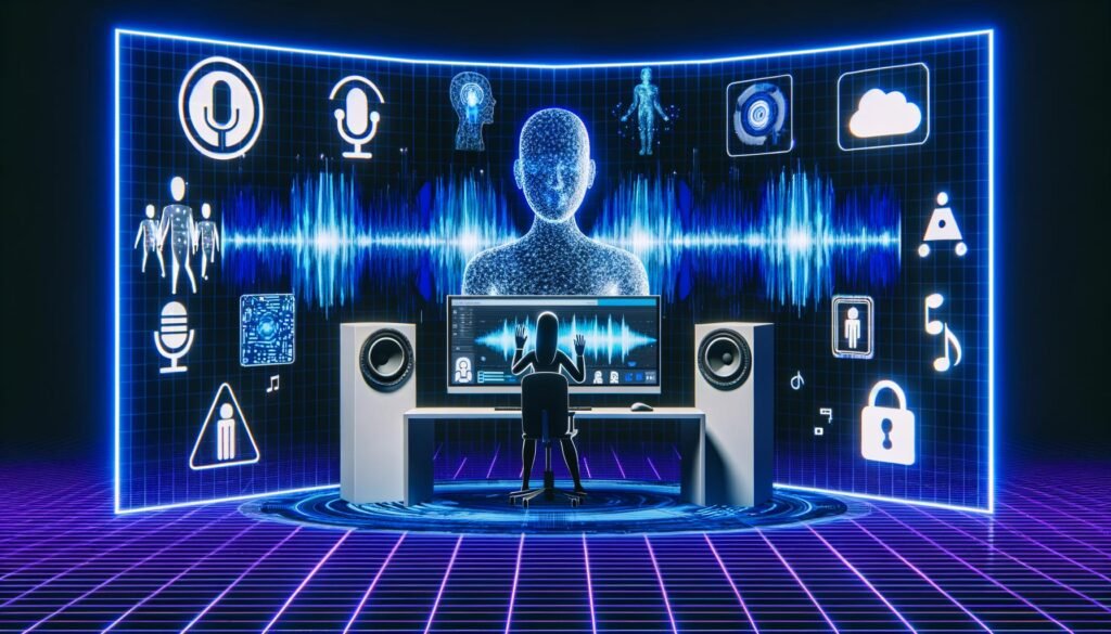 Futuristisches Tonstudio mit Computer, holografischem KI-Waveform-Interface, Avataren am Mikrofon, Datenschutz-Hinweisen und Warnsymbolen, umgeben von neonblauen und violetten Tönen.