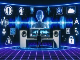 Futuristisches Tonstudio mit Computer, holografischem KI-Waveform-Interface, Avataren am Mikrofon, Datenschutz-Hinweisen und Warnsymbolen, umgeben von neonblauen und violetten Tönen.