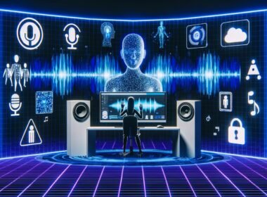 Futuristisches Tonstudio mit Computer, holografischem KI-Waveform-Interface, Avataren am Mikrofon, Datenschutz-Hinweisen und Warnsymbolen, umgeben von neonblauen und violetten Tönen.